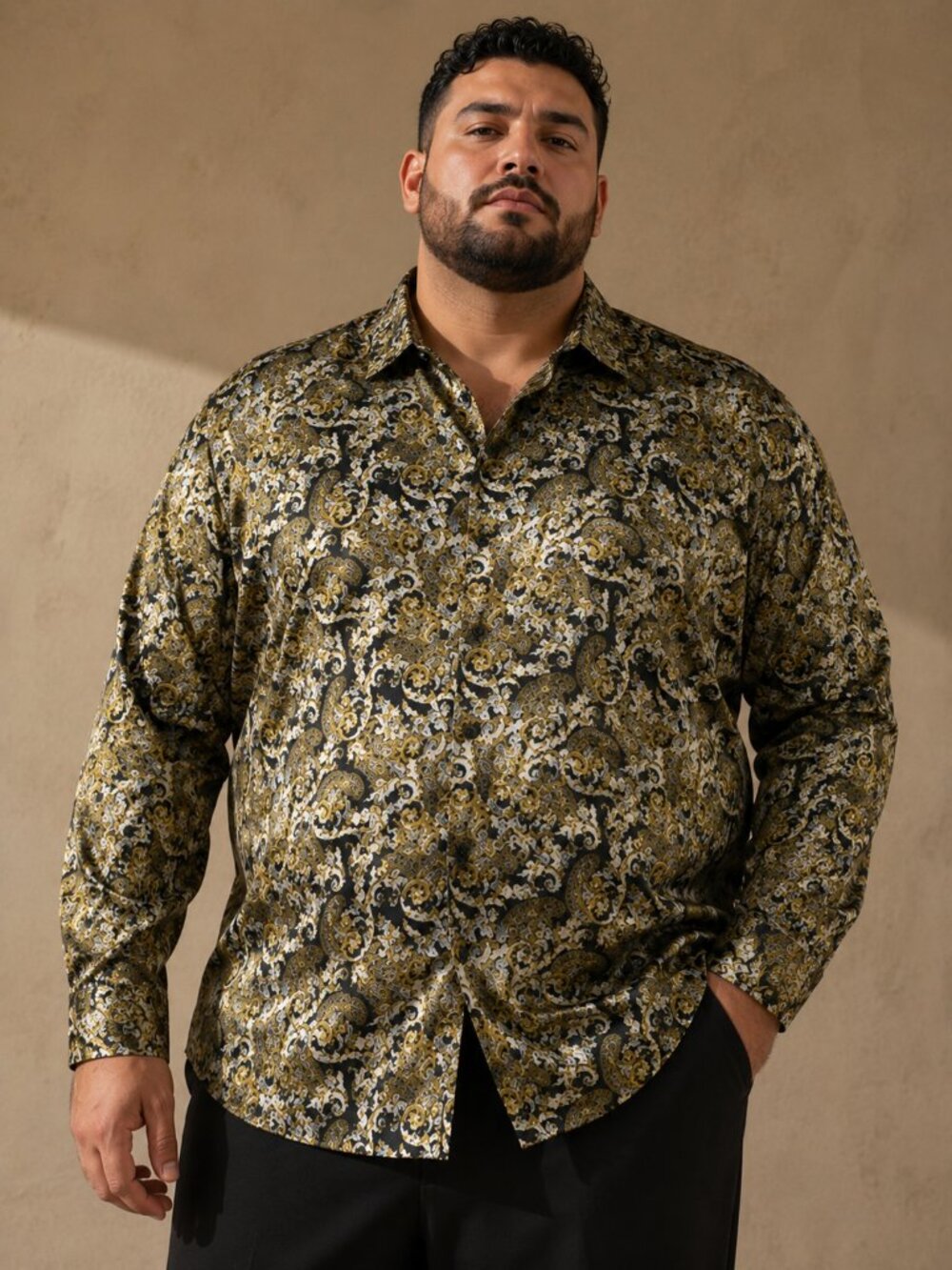 Premiere Men's XXL Gold Black Baroque Paisley Button Up Dress Shirt NWT
